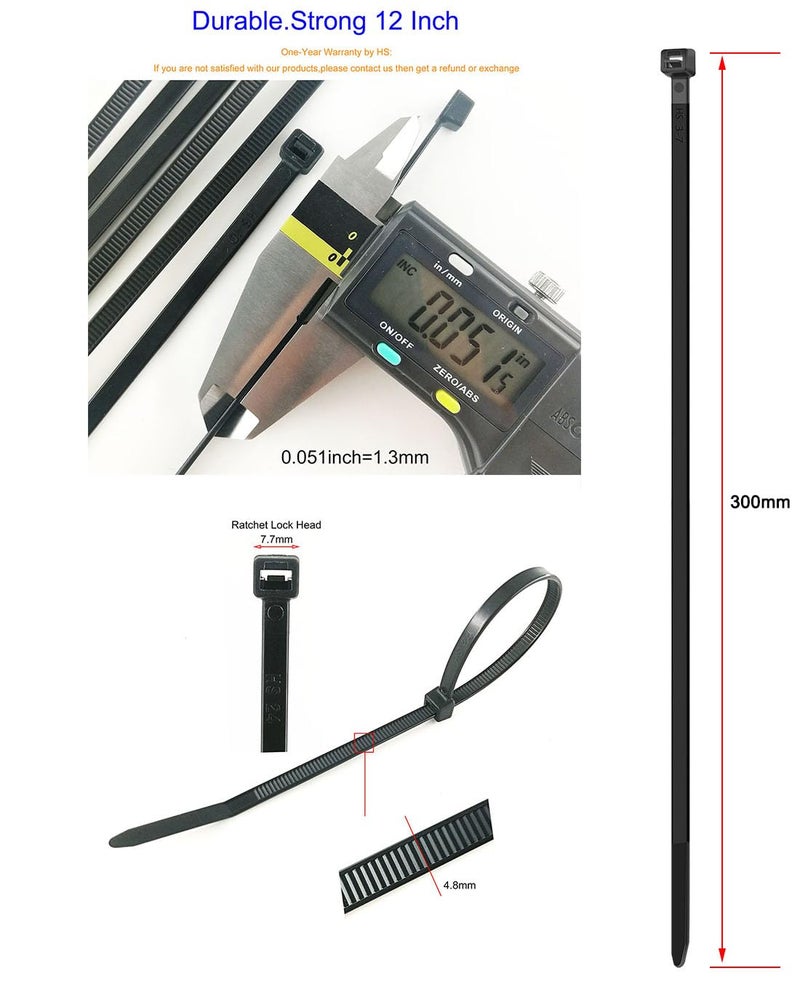 HS UV Protected Zip Ties 12 Inch (100 Pack) Self Locking Strong Plastic Wire Ties 12 Inch Black Nylon Cable Ties 50 LBS,Outdoor Indoor Purpose - Image 2